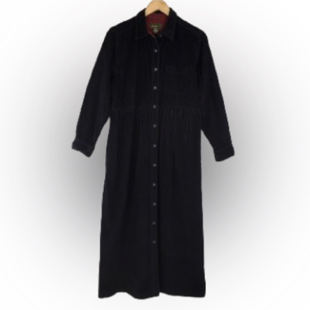 Eddie Bauer Vintage Corduroy Prairie Maxi Dress Blue Flannel Trim Women’s Sz LP